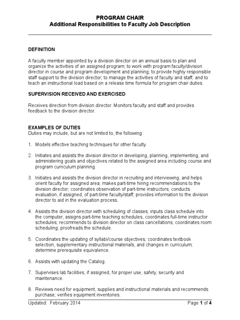 Program Chair Job Description2 PDF Employment Curriculum