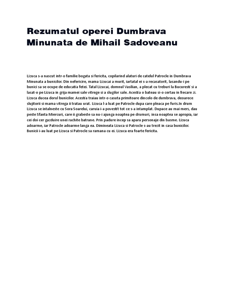 Mihail Sadoveanu Dumbrava Minunata Rezumat Rezumatul Operei Dumbrava Minunata de Mihail Sadoveanu | PDF