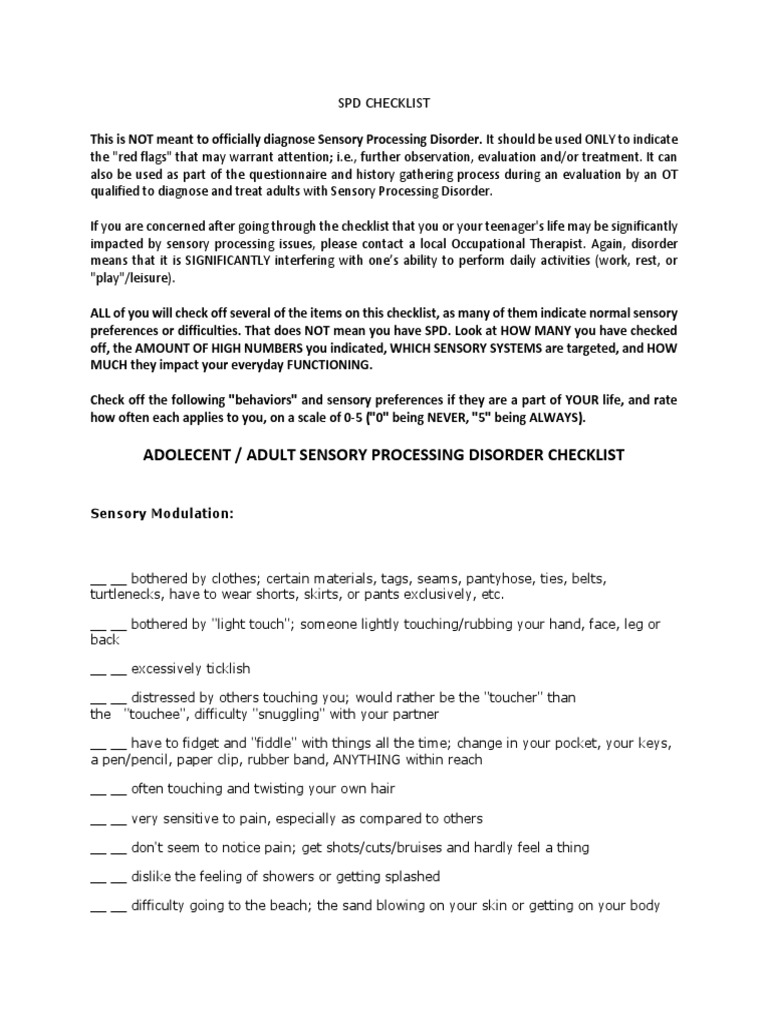 Adult Sensory Processing Disorder Checklist | PDF | Sensory Processing ...