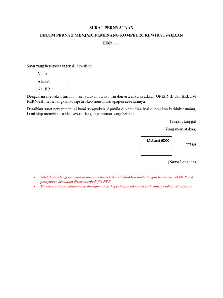 Surat Pernyataan Belum Pernah Menang  (Nama Tim)  PDF