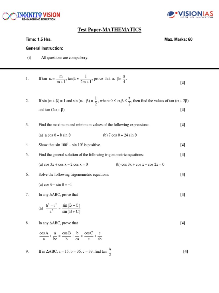 Test Paper-MATHEMATICS: Time: 1.5 Hrs. Max. Marks: 60 General ...