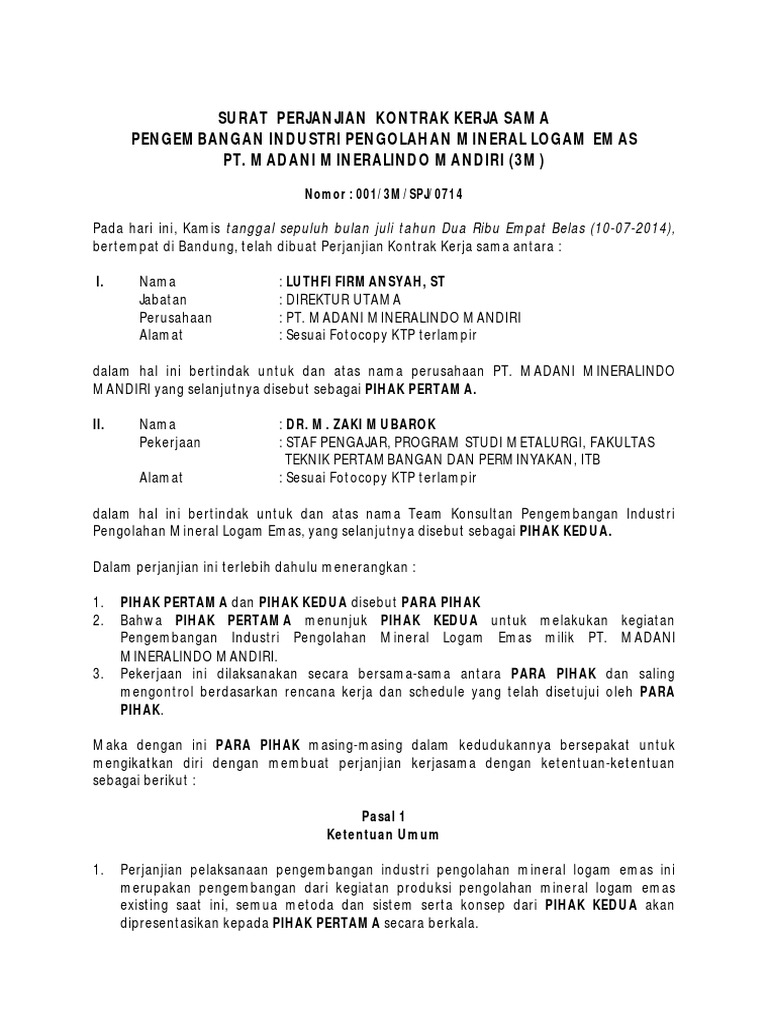 Contoh Surat Perjanjian Kerjasama Perusahaan Dengan Perorangan / Surat