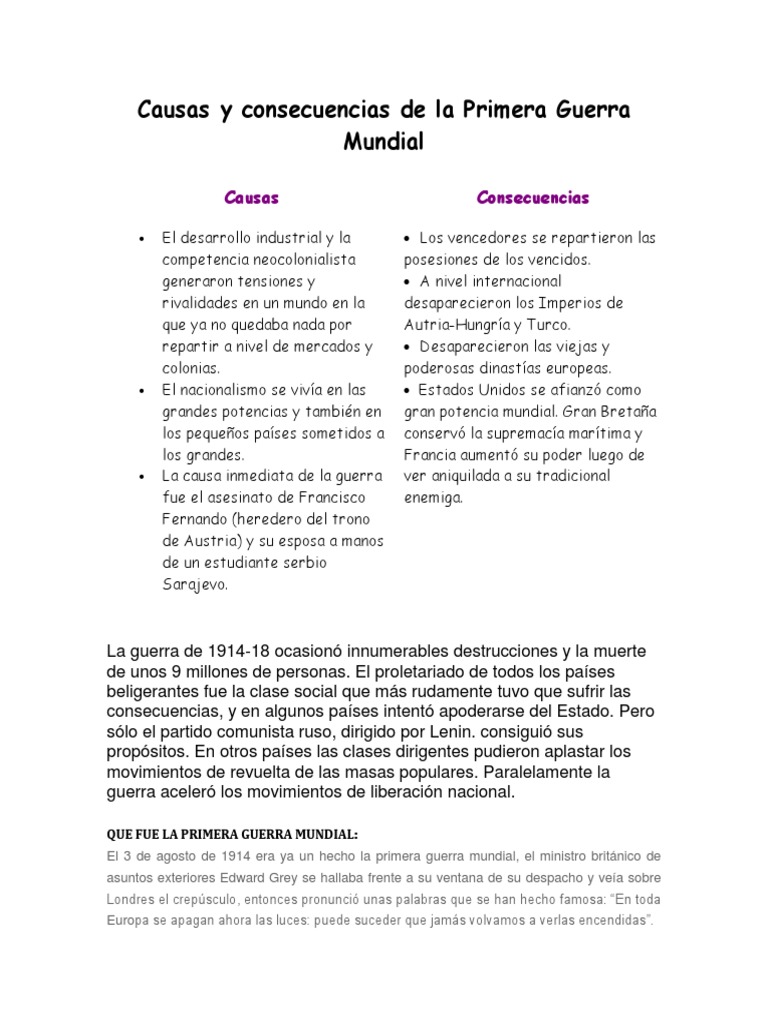 Causas y Efectos de la I Guerra Mundial | PDF | Austria Hungría ...