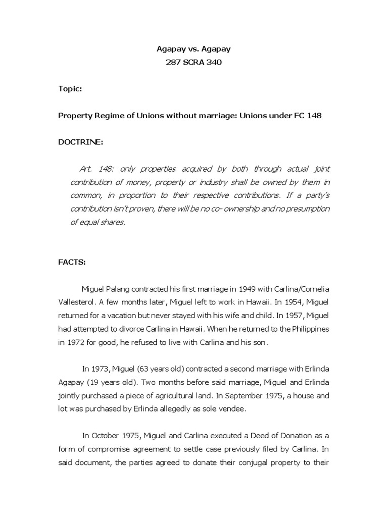 Agapay vs. Agapay 287 SCRA 340 Topic Property Regime of Unions Without