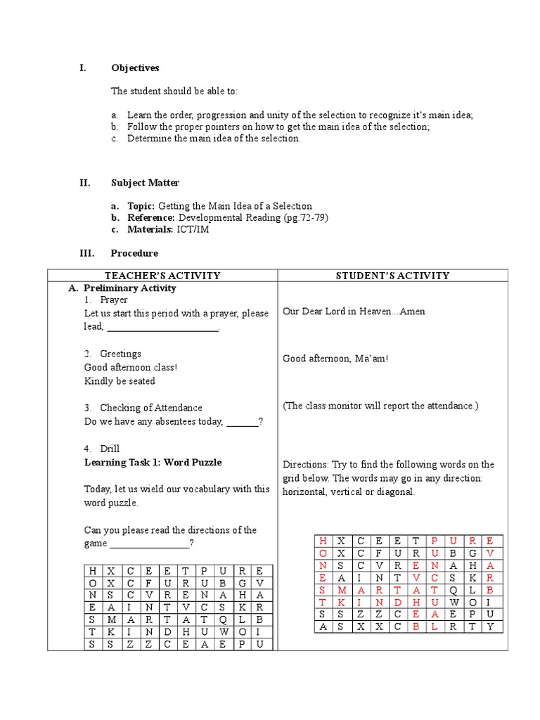 Main Idea Lesson Plan for Grades 3-5 | PDF