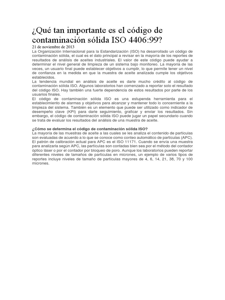 Importancia del Código ISO 4406:99 | PDF | Organización internacional ...