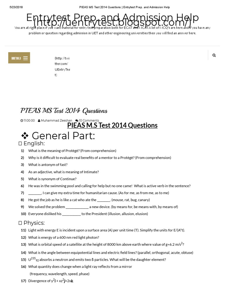 PIEAS MS Test 2014 Questions - Entrytest Prep. and Admission Help | PDF ...