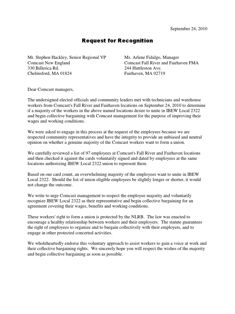 Comcast Workers' Union Recognition Request | PDF | Collective ...
