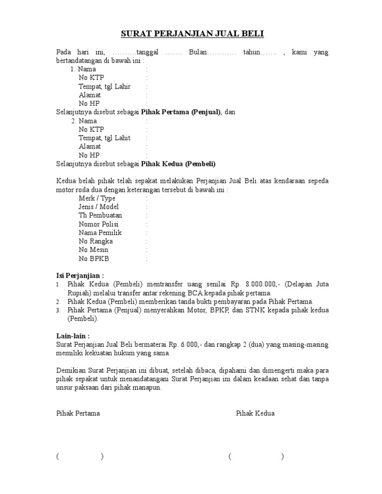 Contoh Surat Perjanjian Jual Beli Motor Nusagates
