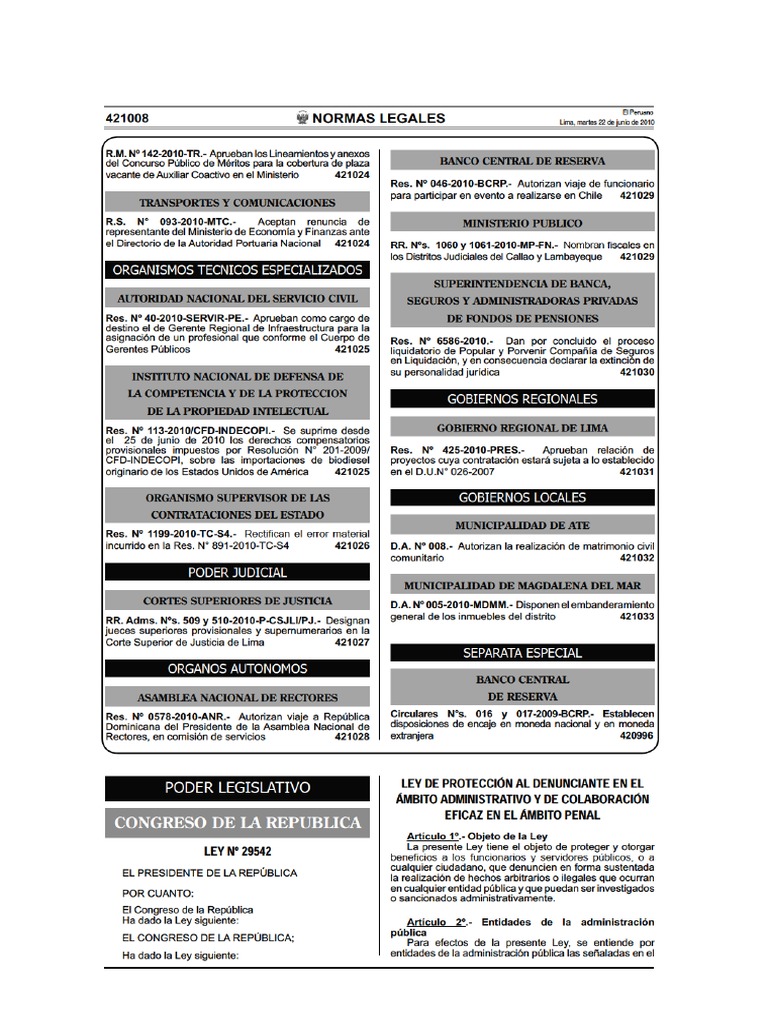 Ley 29542 Protección Del Denunciante PDF