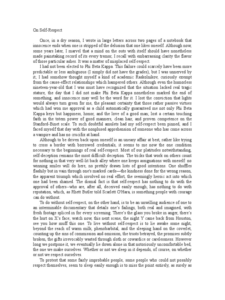 Didion On Self Respect PDF Self Esteem Psychology