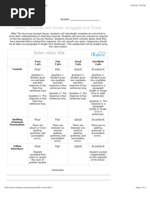 exit ticket rubric