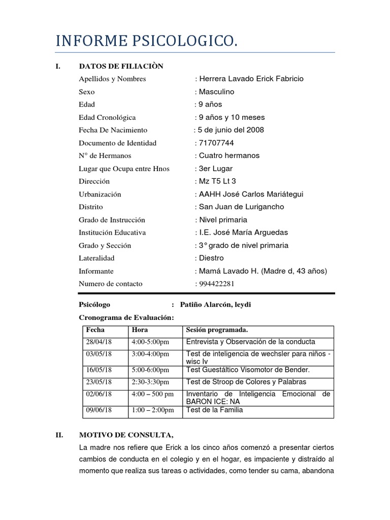 Informe Psicológico de Erick Herrera | PDF | Las emociones | Memoria