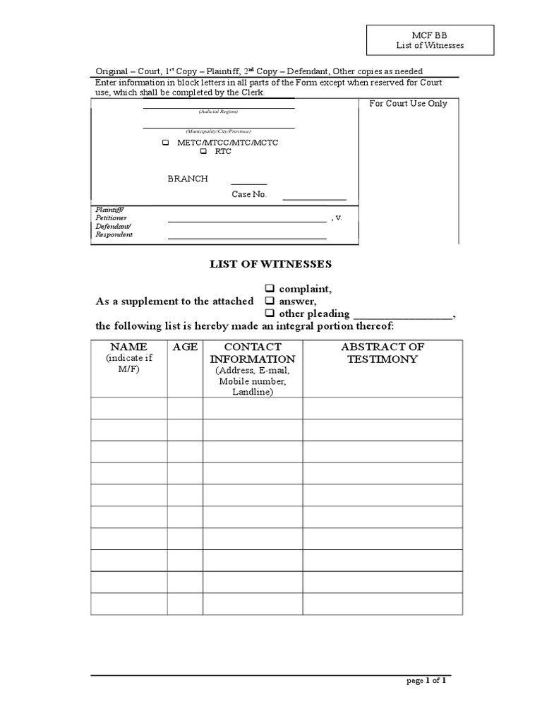 Witness List Submission Form | PDF