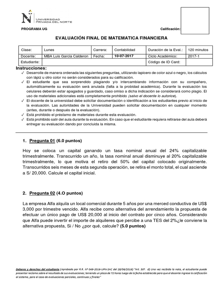 Evaluación Final de Matemática Financiera | PDF | Finanzas (general ...