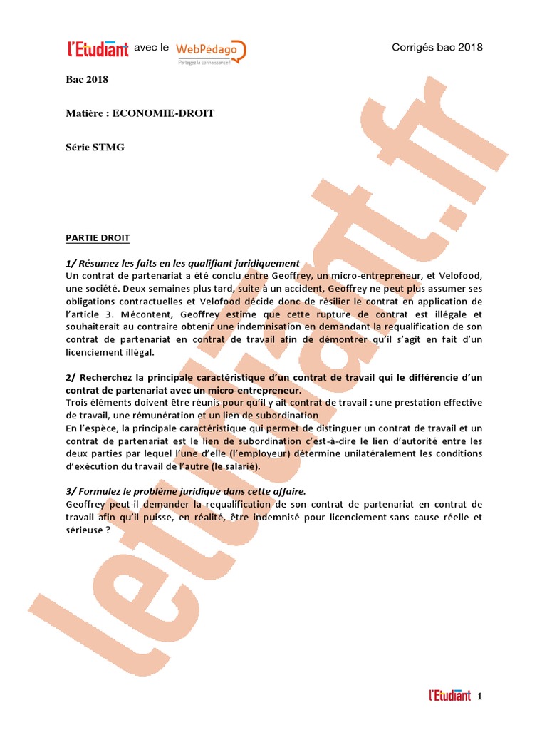 Sujet Bac Eco Droit Stmg 2020 Corrigé