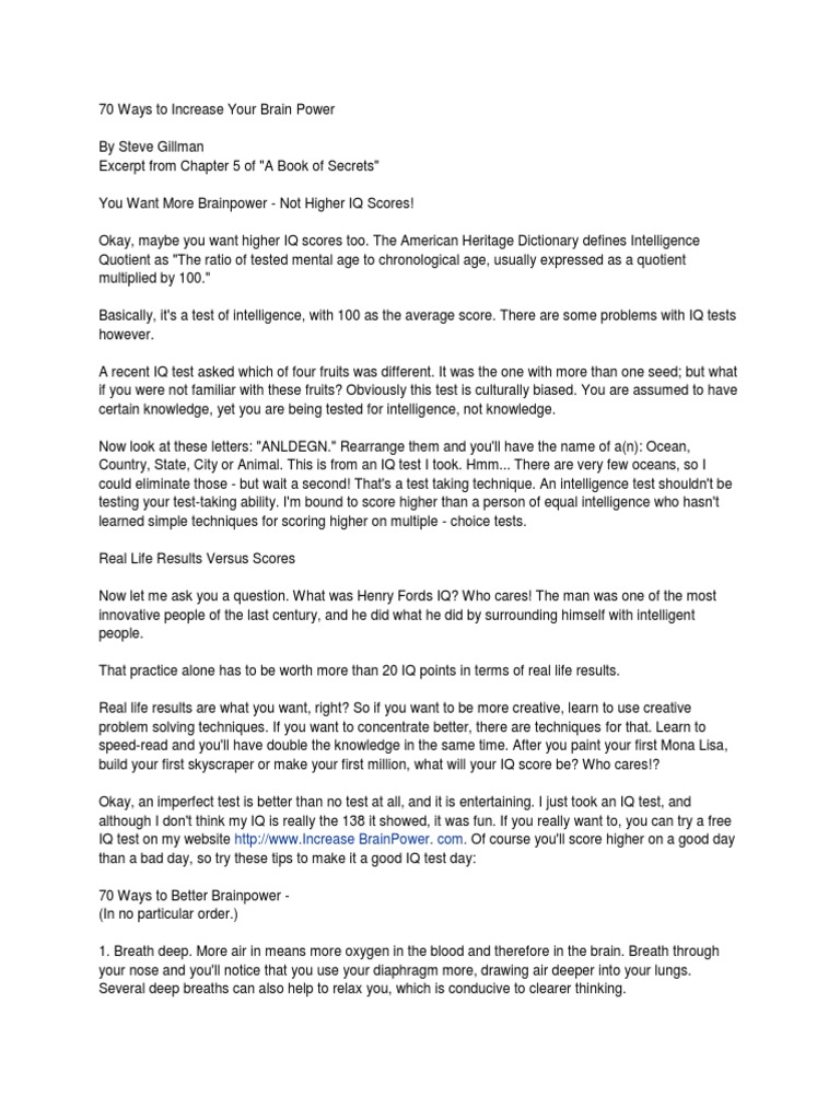 70 Tips to Boost Your Brain Power | PDF | Intelligence Quotient | Breathing