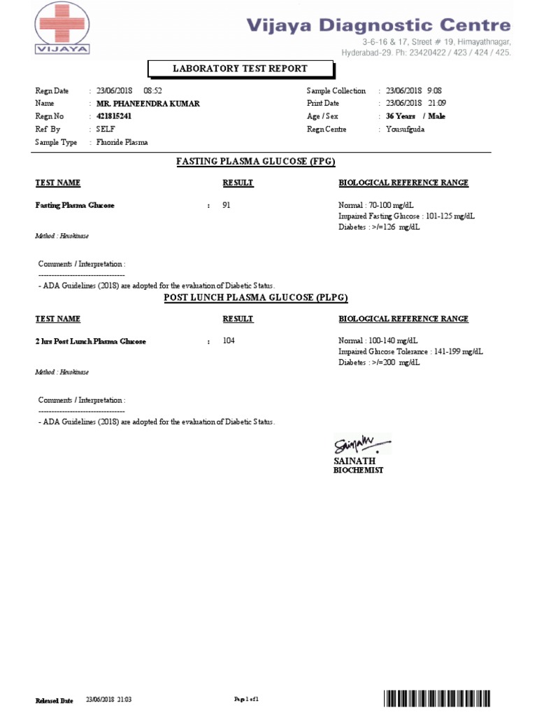 Fasting Plasma Glucose Test Report | PDF
