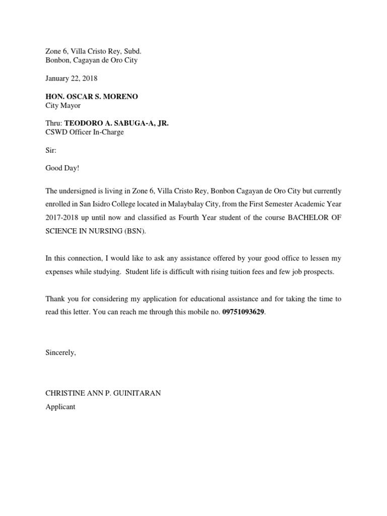 request letter to mayor for educational assistance