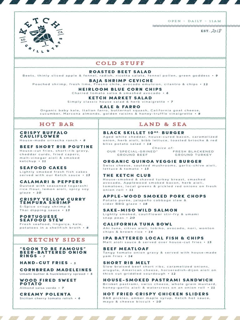 Ketch Menu Food And Drink Preparation Food & Wine