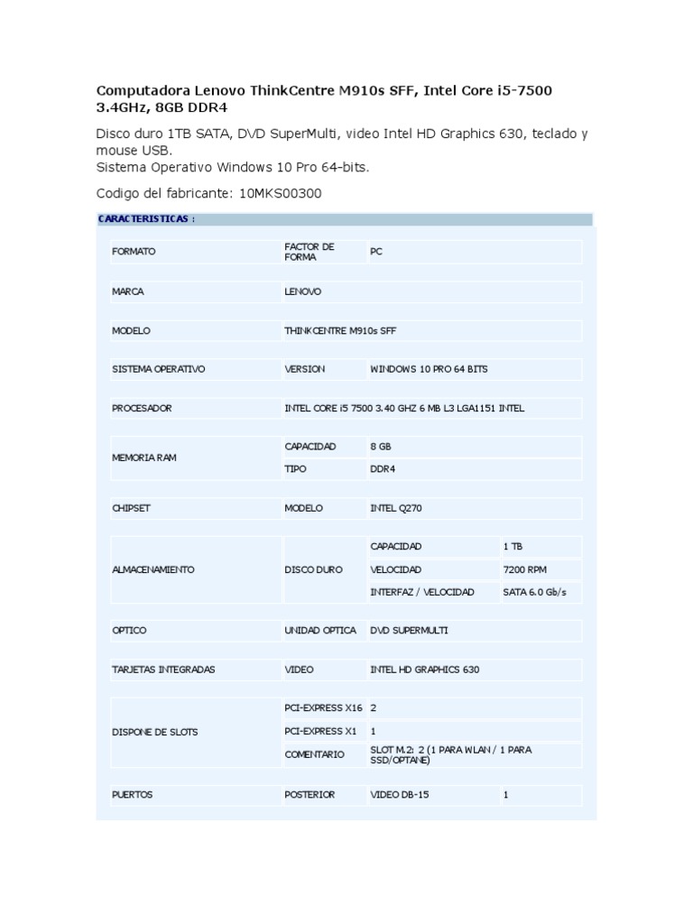 Lenovo ThinkCentre M910s: Especificaciones Clave | PDF | Hardware de la ...