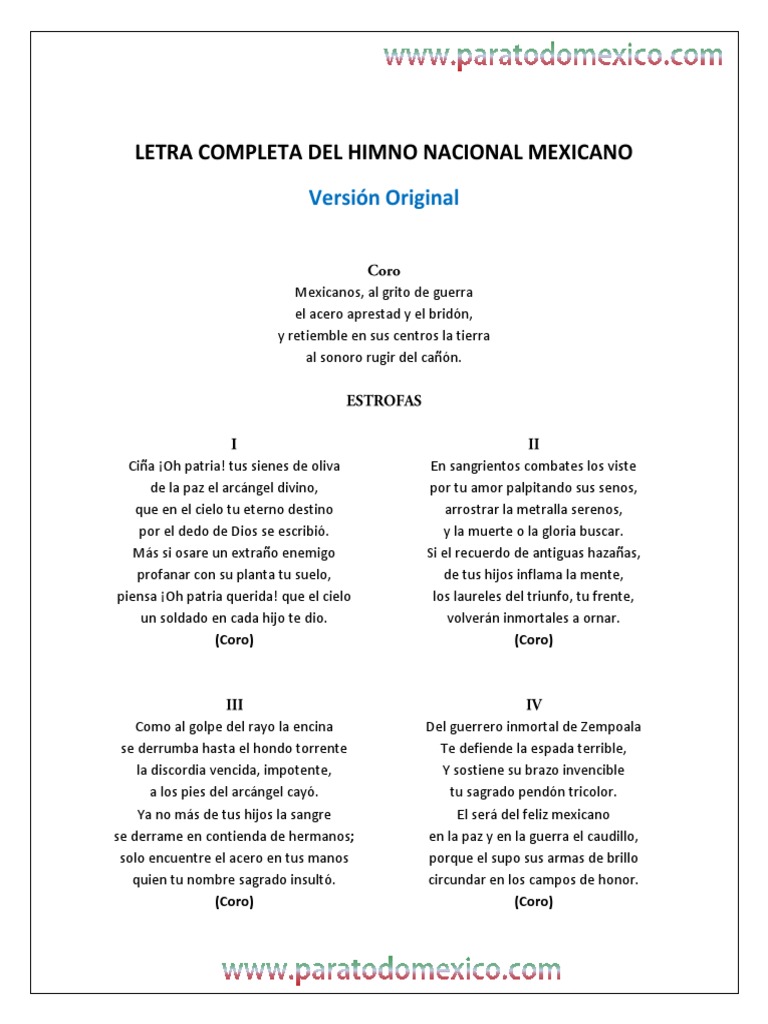 Letra Completa Del Himno Nacional Mexicano Version Original