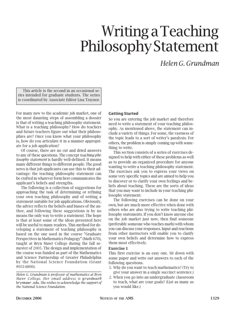 Writing A Teaching Philosophy Statement (H. G. Grundman) PDF | PDF ...