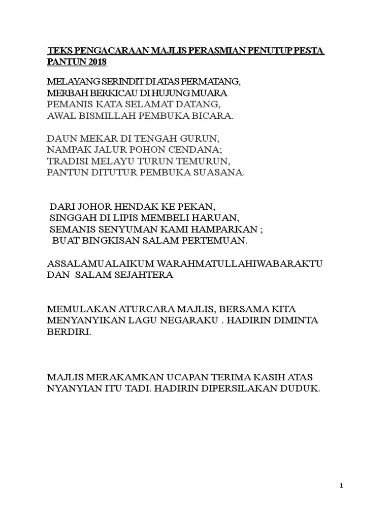 Teks Mc Majlis Penutup Pertandingan Pantun