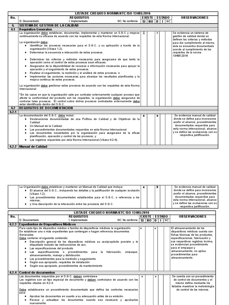 Lista de Chequeo ISO 13485:2016 | PDF | Calidad (comercial) | Diseño