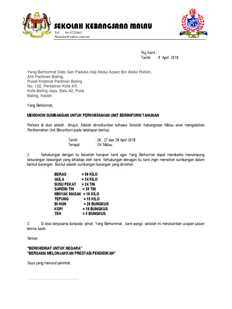 Surat Mohon Sumbangan Dato