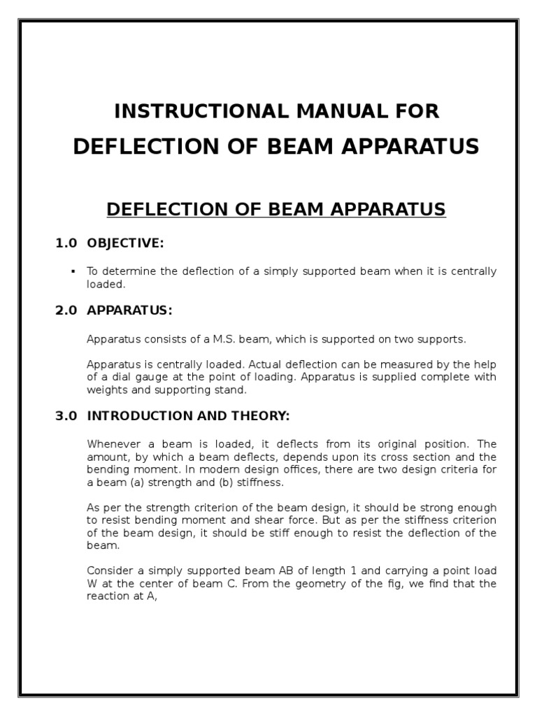 Beam Deflection Experiment Manual | PDF | Beam (Structure) | Bending