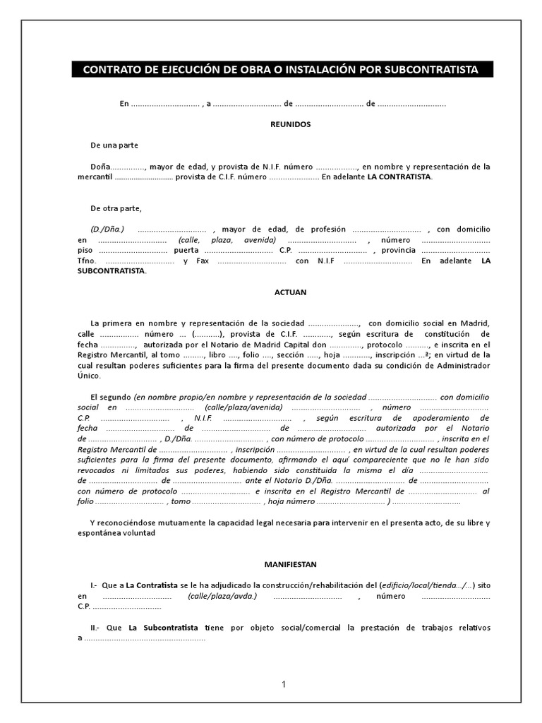 Modelo de Subcontratacion de Obra | Sociedad de responsabilidad ...