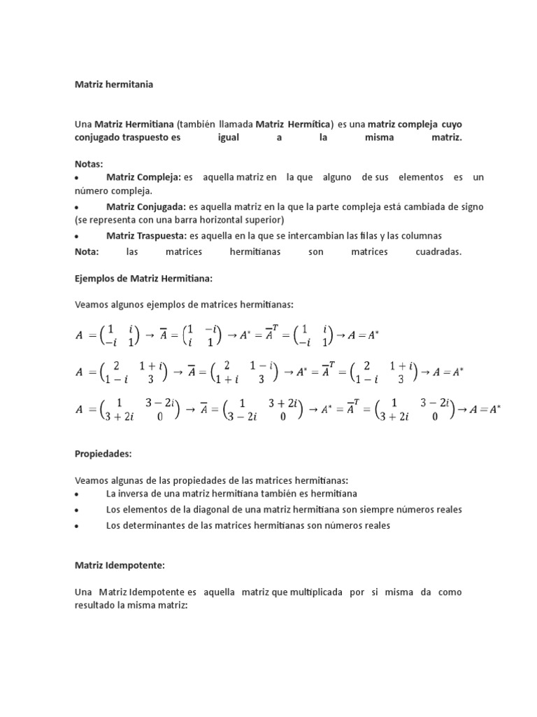 Matrices Hermitianas e Idempotentes | PDF | Matriz (Matemáticas ...