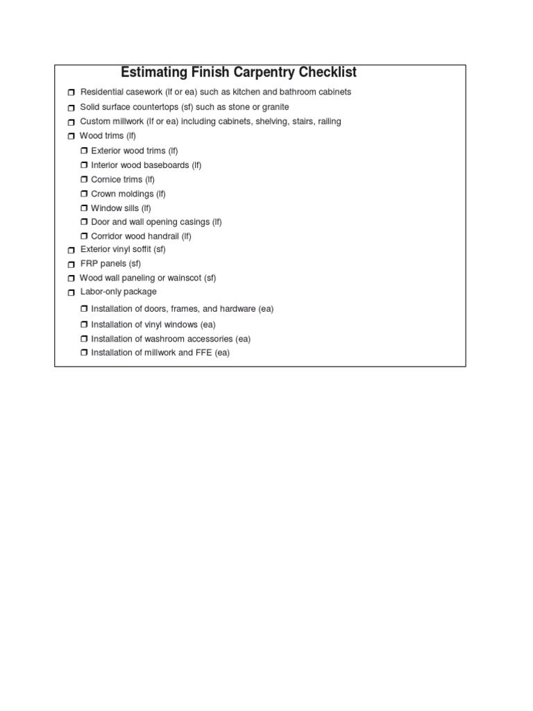 Finish Carpentry Estimating Checklist | PDF