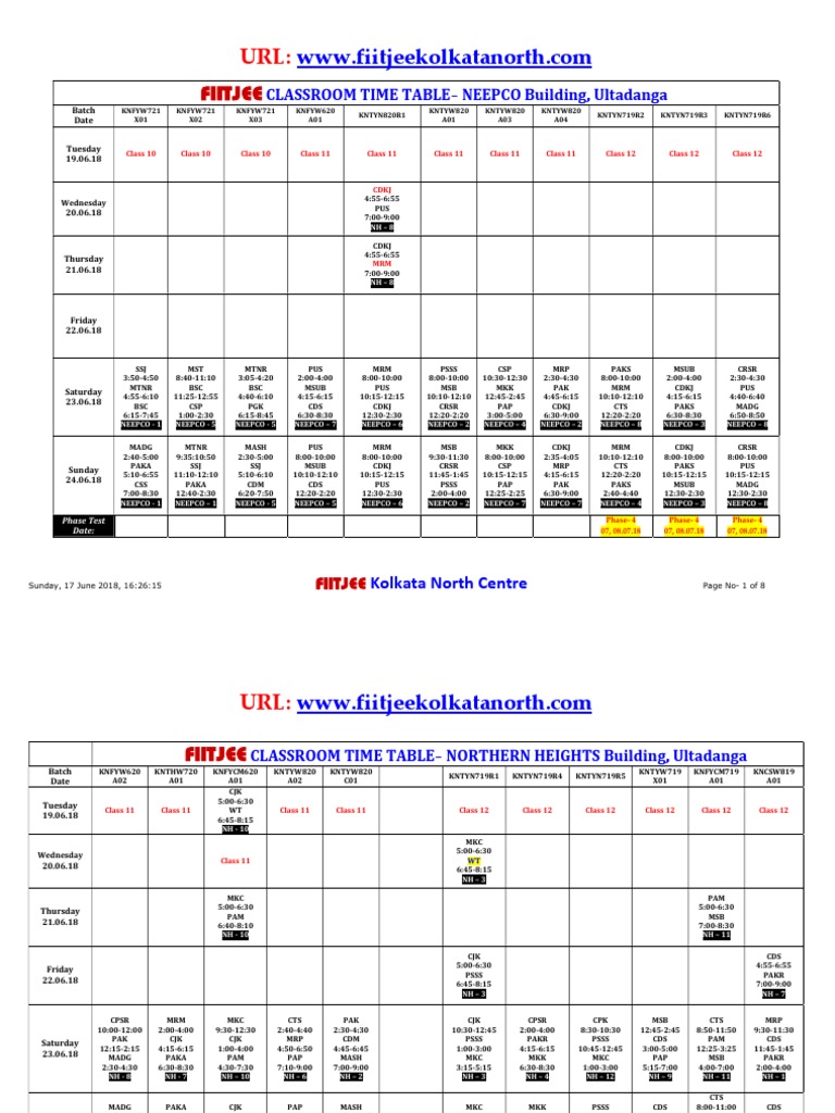 FIITJEE Kolkata North Timetable 2018 | PDF