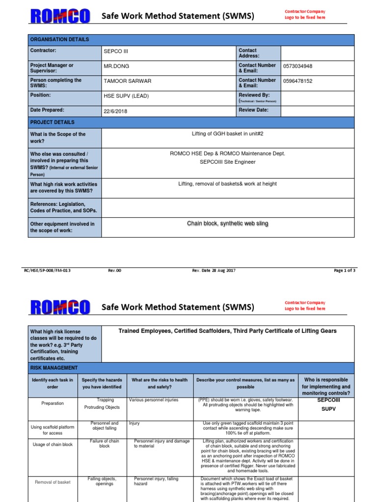 Safe Work Method Statement Format PDF Scaffolding Safety