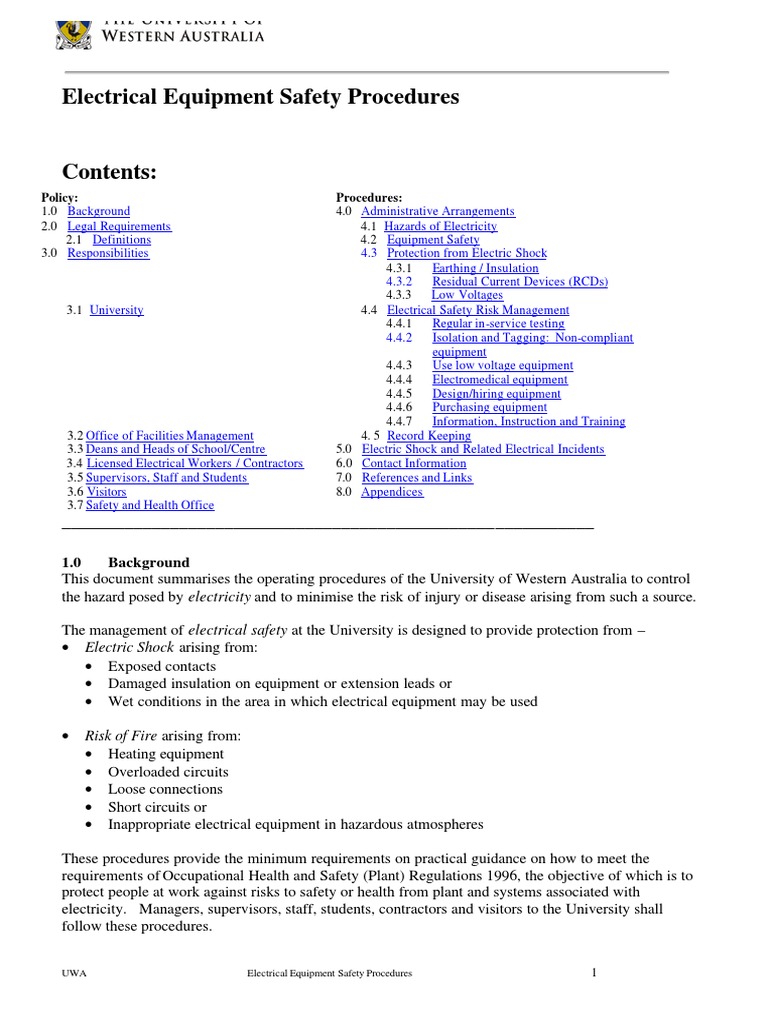 UWA Electrical Safety Procedures Guide | PDF | Ac Power Plugs And ...