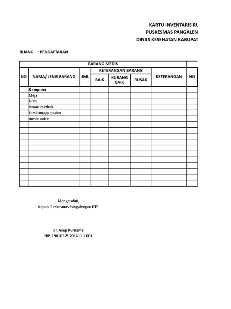 Format Kartu Inventaris Ruangan