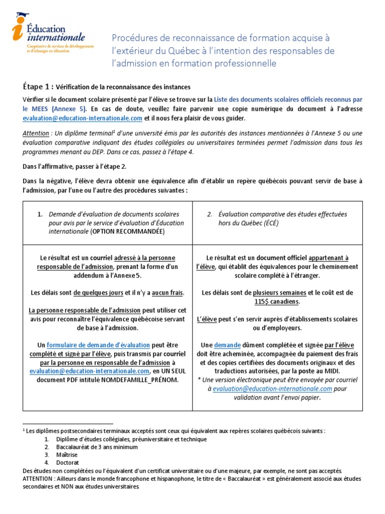 Mise A Jour Procedures D Admission En Fp Selon L Annexe 5 Pdf Langue Francaise Quebec