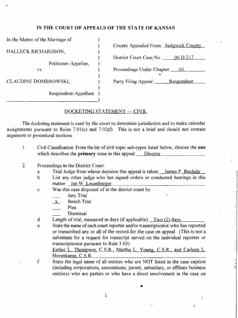 1997 12 3 Docketing Statement Kansas Court Of Appeals Dom Brow Ski 