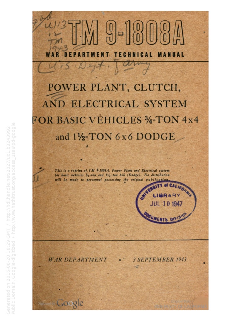 TM 9 1808 A - Dodge Power Train, Clutch & Electrical For 4x4