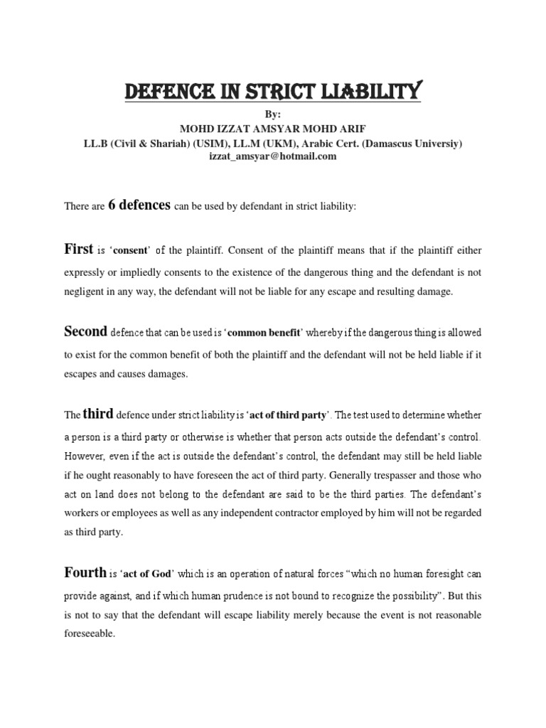 Defences in Strict Liability Law | PDF | Strict Liability | Negligence