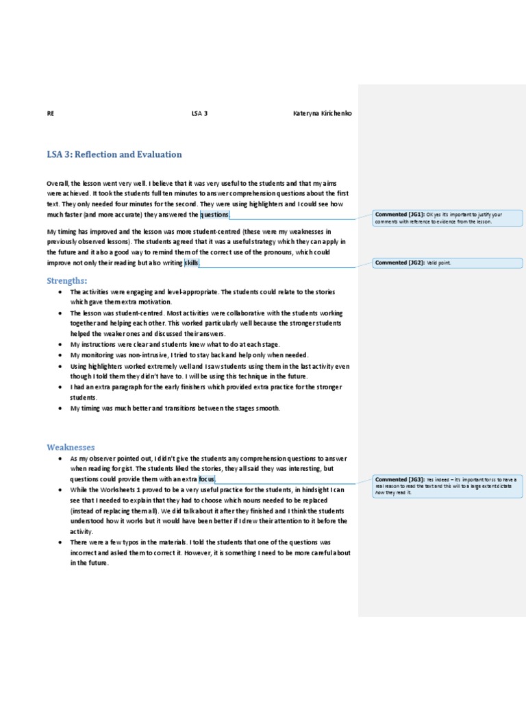 LSA 3 Reflection: Lesson Evaluation Insights | PDF | Reading ...