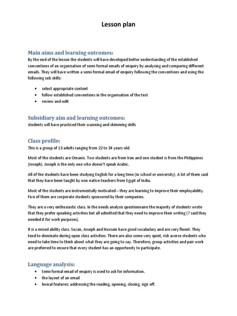 Lesson Plan: Main Aims and Learning Outcomes | PDF | Question ...