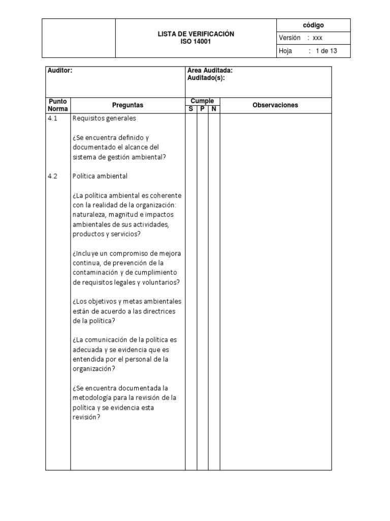 Lista de Verificacion Iso 14001 | PDF | Auditoría | Planificación