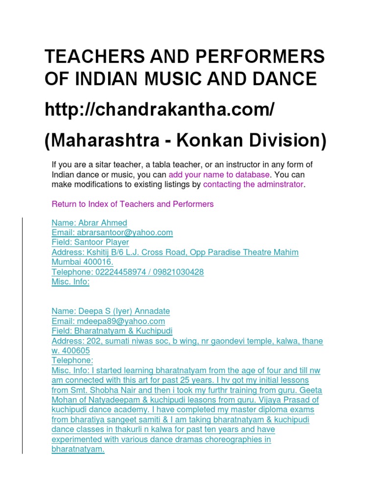 Teachers and Performers of Indian Music and Dance Maha   PDF