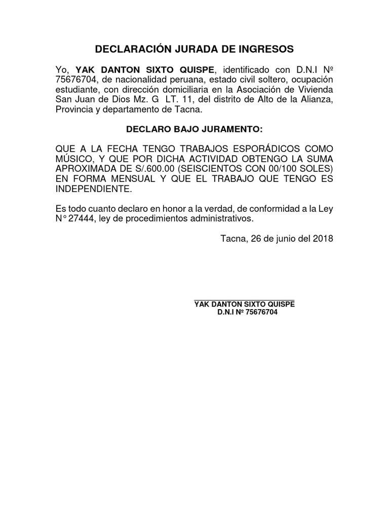 Modelo de Declaración Jurada de Ingresos | PDF