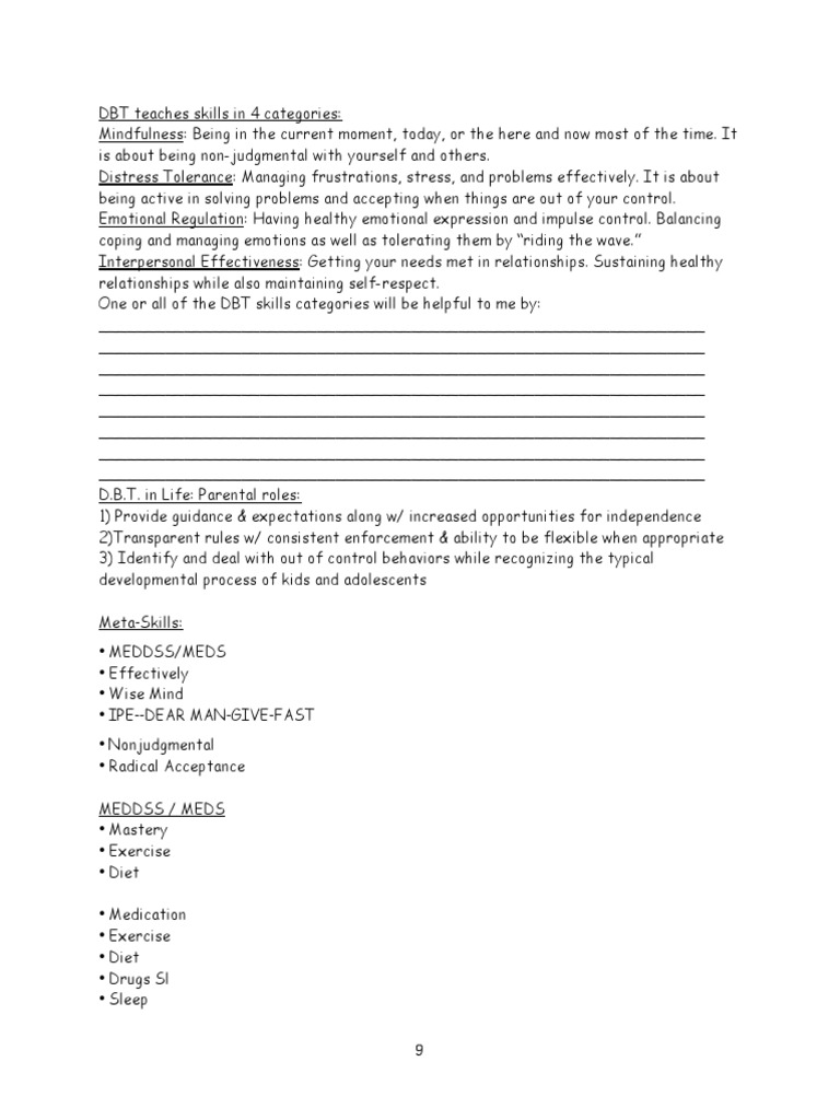 dbt skills worksheets dialectical behavior therapy mind