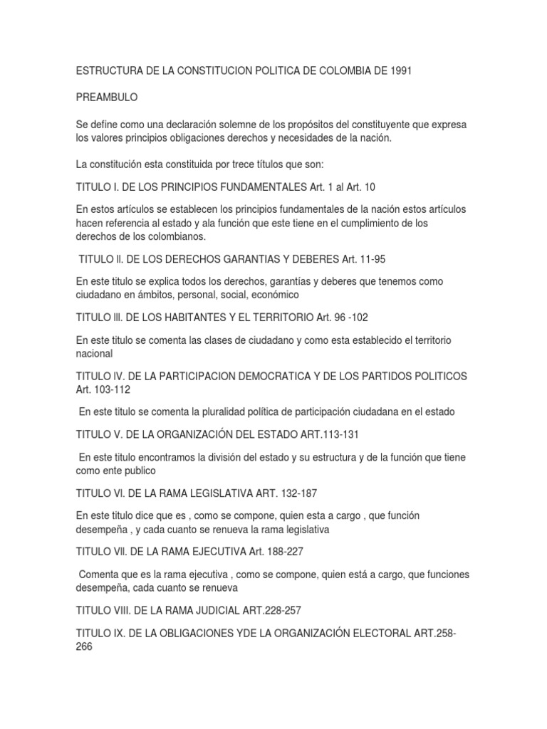 Estructura de La Constitucion Politica de Colombia de 1991 | PDF