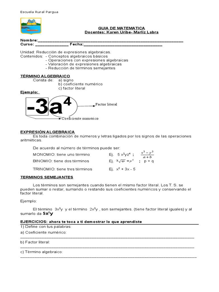 Guía de Expresiones Algebraicas 8° Básico | PDF | Objetos matemáticos ...